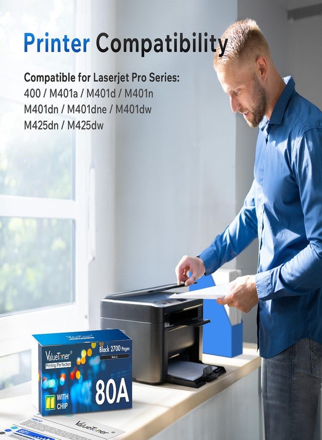 Valuetoner خرطوشة حبر بديلة متوافقة من Valuetoner 80A لخرطوشة حبر HP 80A السوداء CF280A 80X CF280X لطابعات HP LaserJet Pro M400 401a 401d 401n 401dn M401dw 425dn 425dw (عبوة من قطعتين) - Image 2